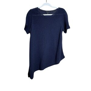 Eileen Fisher Navy Blue Asymmetrical Linen Cotton Knit Top Size PL N27